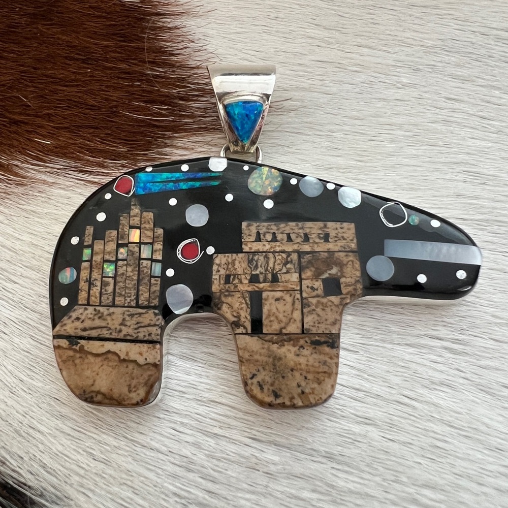 ❤️ Signed RD Zuni Galaxy Native American Navajo LG 925 Bear Pendant 13.6G Unisex - Picture 10 of 14